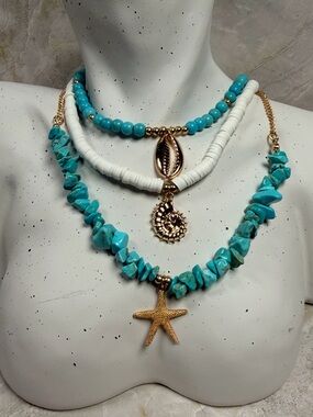 Turquoise & White Layered Beach Necklace Set